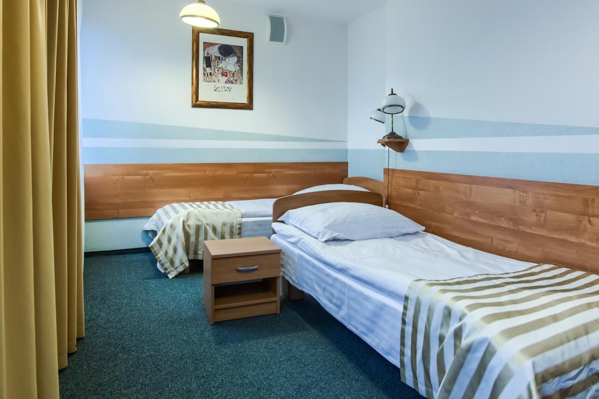 A room with two single beds, a nightstand, a lamp, and a framed picture on the wall.