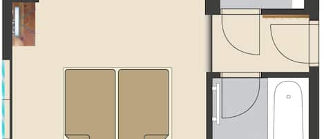 Plano de planta que muestra dos dormitorios, un baño, una cocina y una sala de estar.