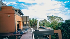 A rooftop terrace with lounge chairs, a pool, and a view of the surrounding greenery. - Schimper View Boutique Guest House (Louis Trichardt)