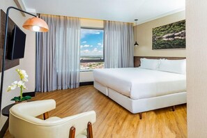 Une chambre d’hôtel avec un lit, un bureau, une chaise, une télévision, une fenêtre avec des rideaux et un tableau au mur.