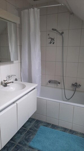 A bathroom with a white sink, mirror, and shower. - Pilgerhüsli Backpacker (Stafa)