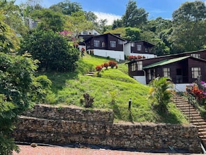 A hillside residential area with multiple houses, a stone retaining wall, and a paved pathway. - Villeta Resort Hotel (Villeta)