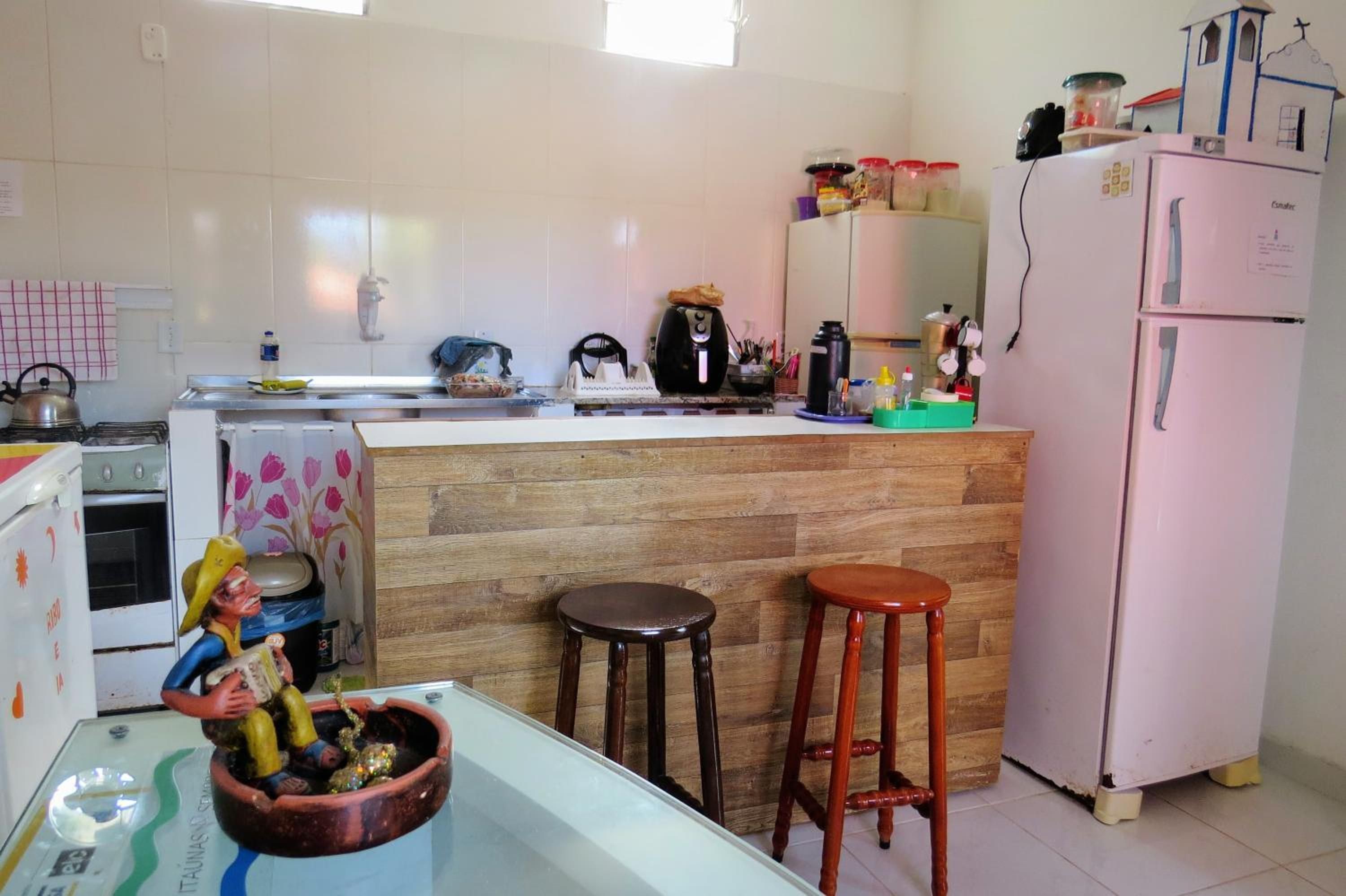 Cozinha com ilha de madeira, geladeira e pia.