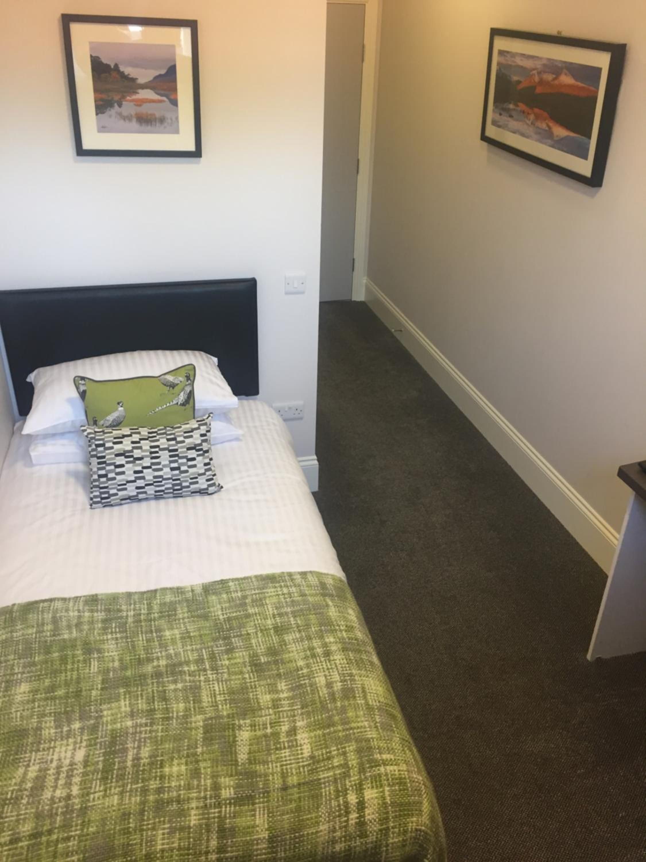 Ein Hotelzimmer mit einem Bett, einer grünen Tagesdecke, einem Kissen mit Vogelmuster und zwei gerahmten Bildern an der Wand.
