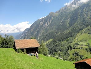 A rustic mountain cabin with a sloped roof, surrounded by lush green hills and a mountain backdrop. - Gotthard Backpacker (Wassen)