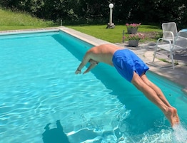 Una piscina con agua azul cristalina, rodeada de césped y algunas plantas en macetas.