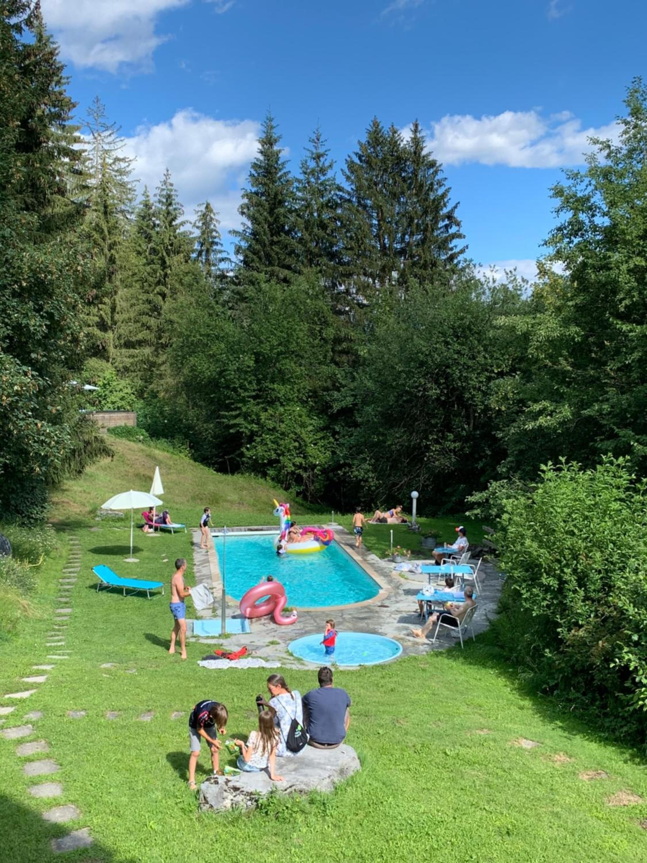 Un jardin avec une piscine, des chaises longues et une pelouse.