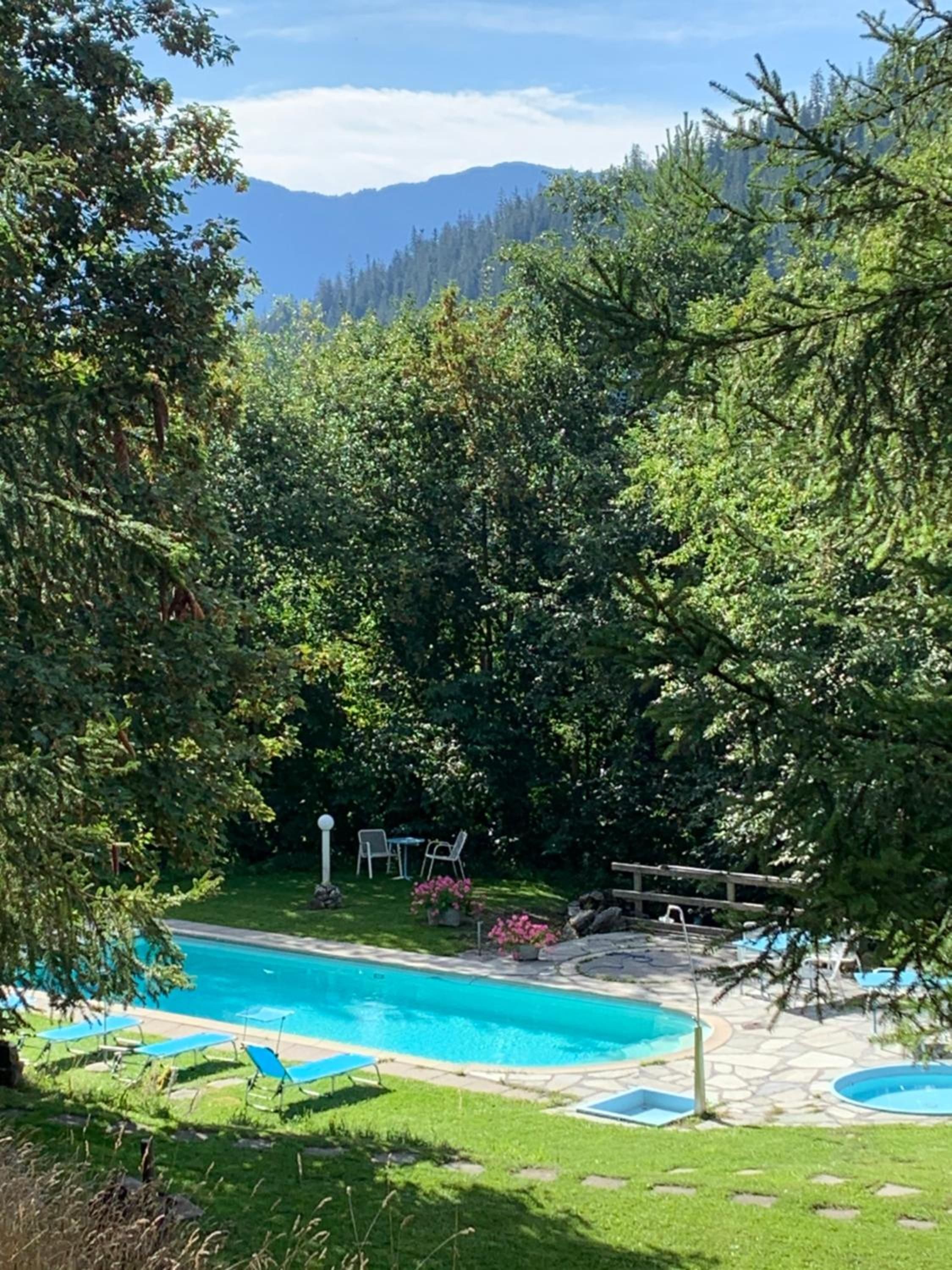 Una piscina rodeada de exuberante vegetación y montañas al fondo.