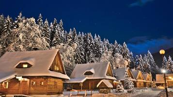 A row of wooden cabins with snow-covered roofs, set against a backdrop of snow-laden trees and a night sky.