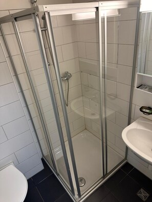 A glass-enclosed shower stall with a white sink and a toilet visible in the adjacent room. - Swiss Chalet Holidays Ringgenberg (Ringgenberg)
