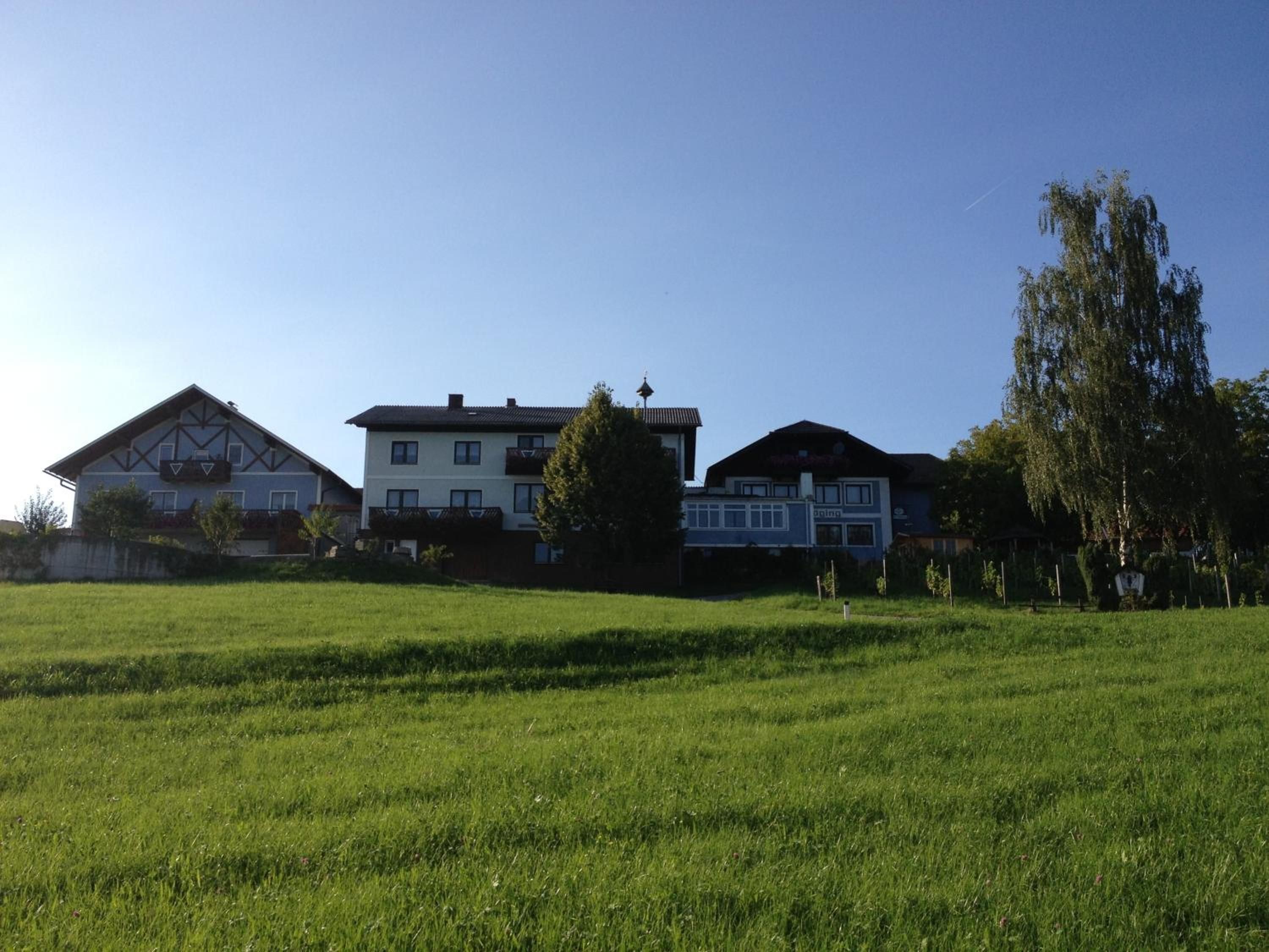 Ein Wohngebiet mit mehreren Häusern, einer großen Rasenfläche und blauem Himmel.