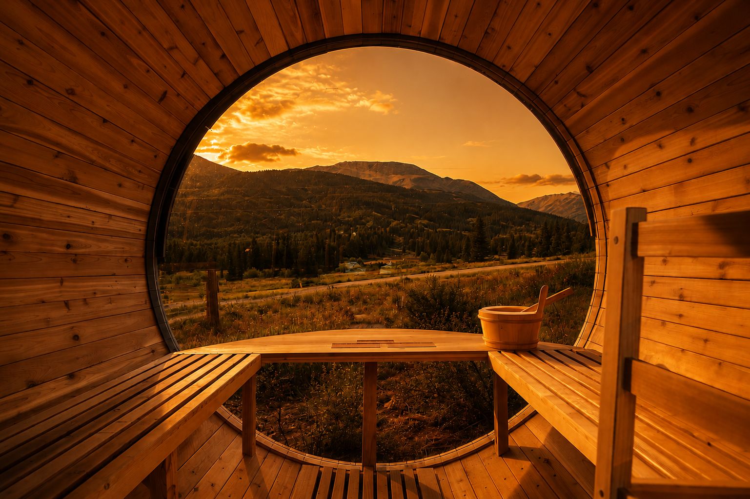 A circular wooden structure with a bench and a wooden bucket, overlooking a mountainous landscape.