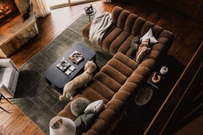 Un salon chaleureux avec un canapé marron, une table basse et un chien.