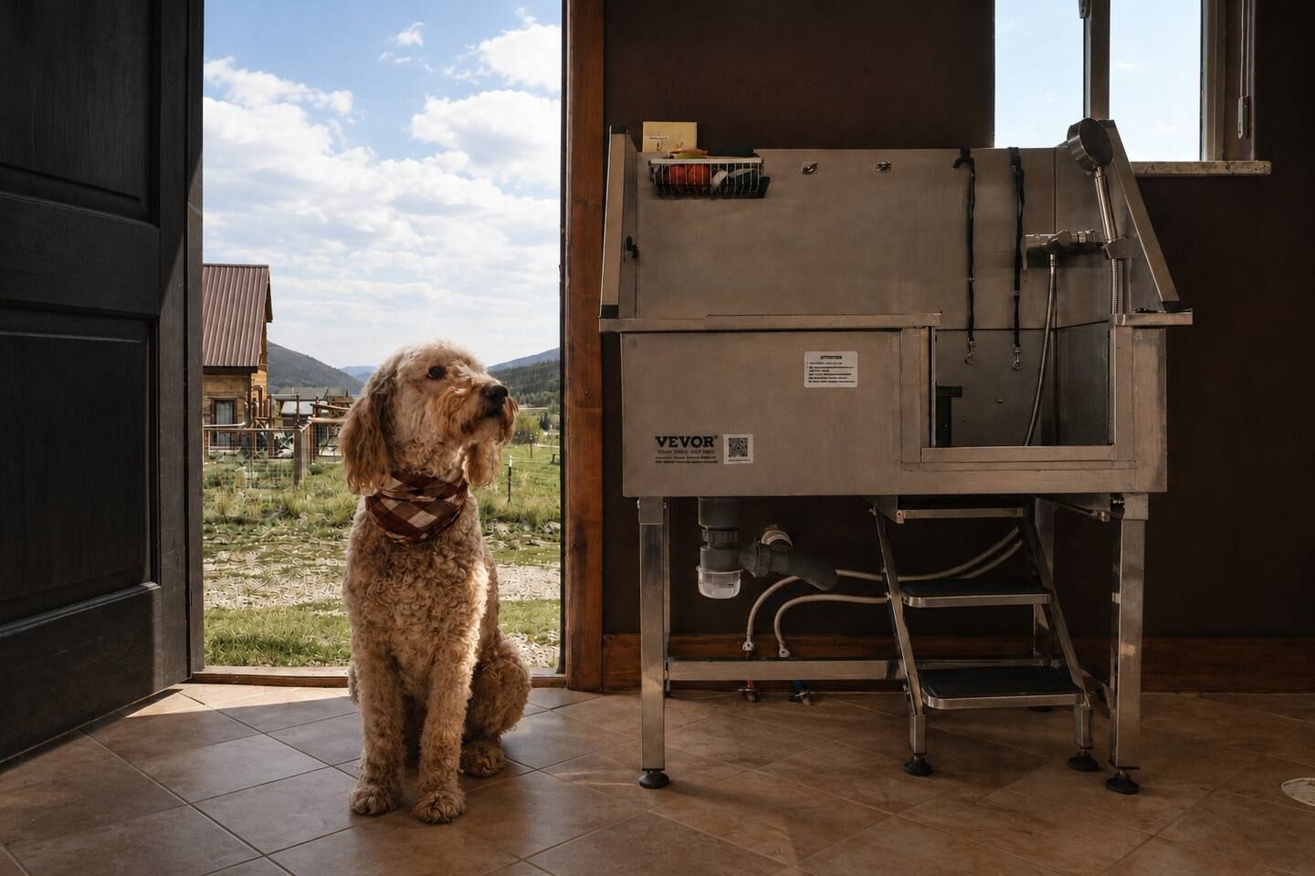 Un chien se trouve dans une pièce d’où l’on peut admirer un paysage rural.