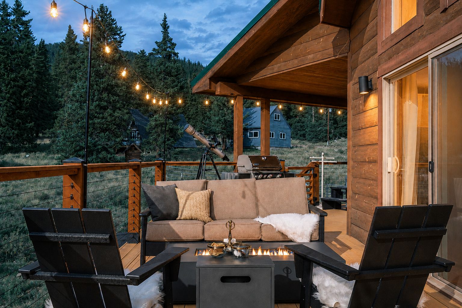 Una terraza de madera con un sofá, sillas y una mesa, rodeada de luces colgantes.
