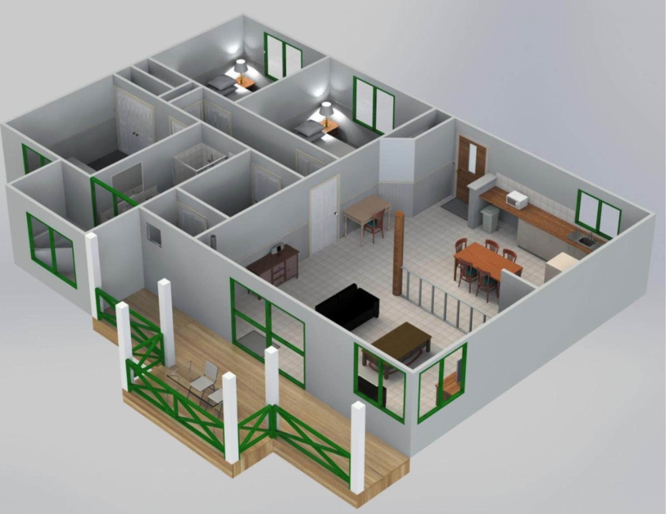 Un modèle 3D d’un appartement comprenant plusieurs pièces, notamment une cuisine, un coin repas et deux chambres.