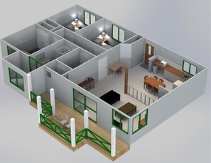 Um modelo 3D de um apartamento com vários cômodos, incluindo cozinha, sala de jantar e dois quartos.