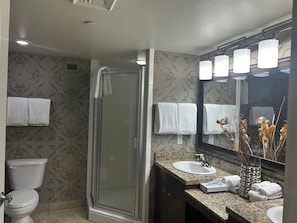 Un bagno con il water, cabina doccia, lavandino e specchio.