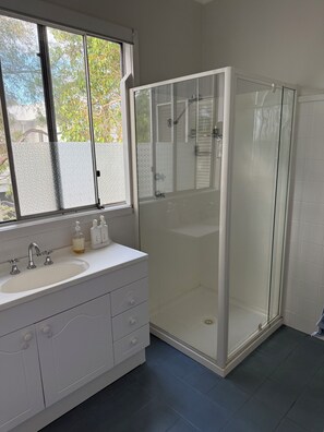Une salle de bain avec une douche à parois de verre, un lavabo blanc avec un miroir et une fenêtre à verre dépoli.