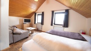 Ein gemütliches Zimmer mit Bett, Sofa, kleinem Tisch und Fernseher.