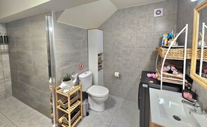 Un bany amb dutxa, vàter i un lavabo amb mirall.