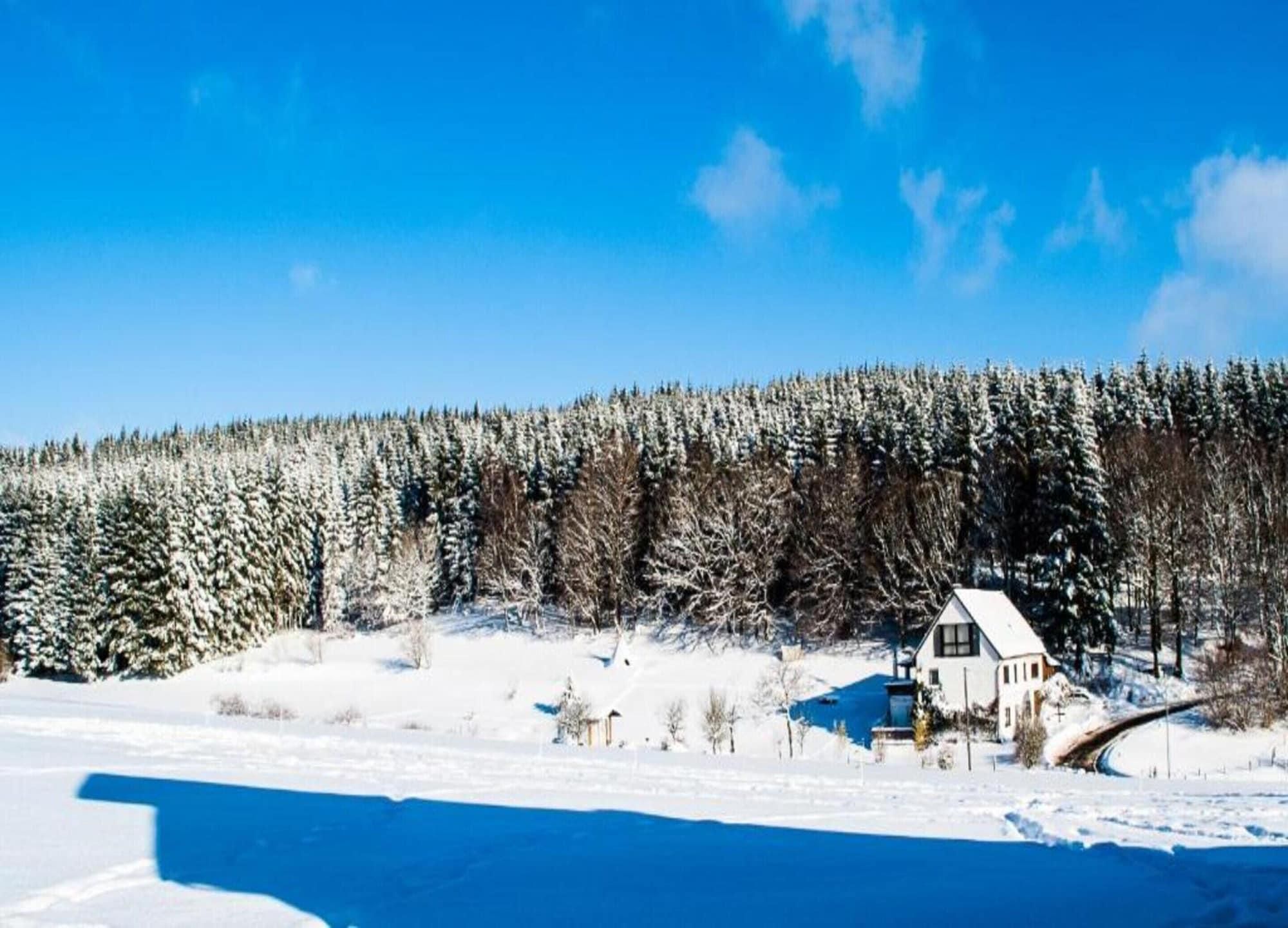 A snow-covered landscape with a house and a forest.