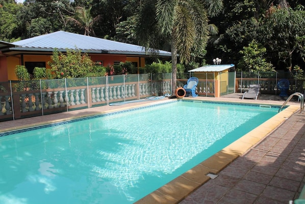 Una piscina con solárium empedrado, rodeada por una valla y abundante vegetación.