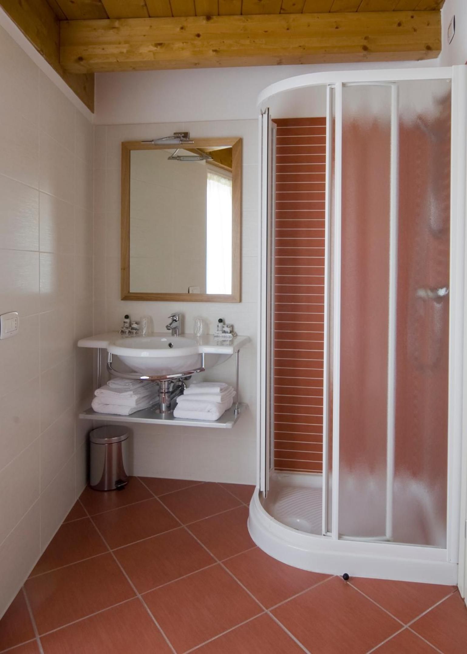 A bathroom with a white sink, mirror, and a shower enclosure.