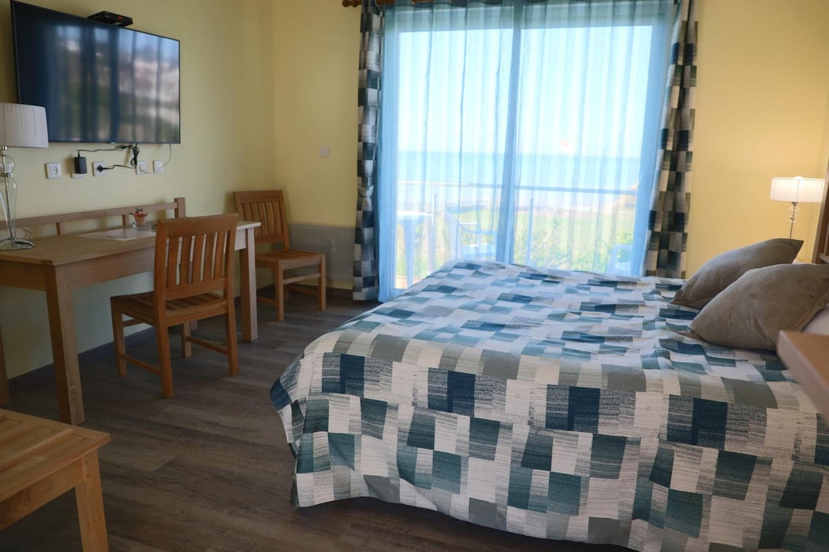 Una habitación con una cama, un escritorio y una silla.