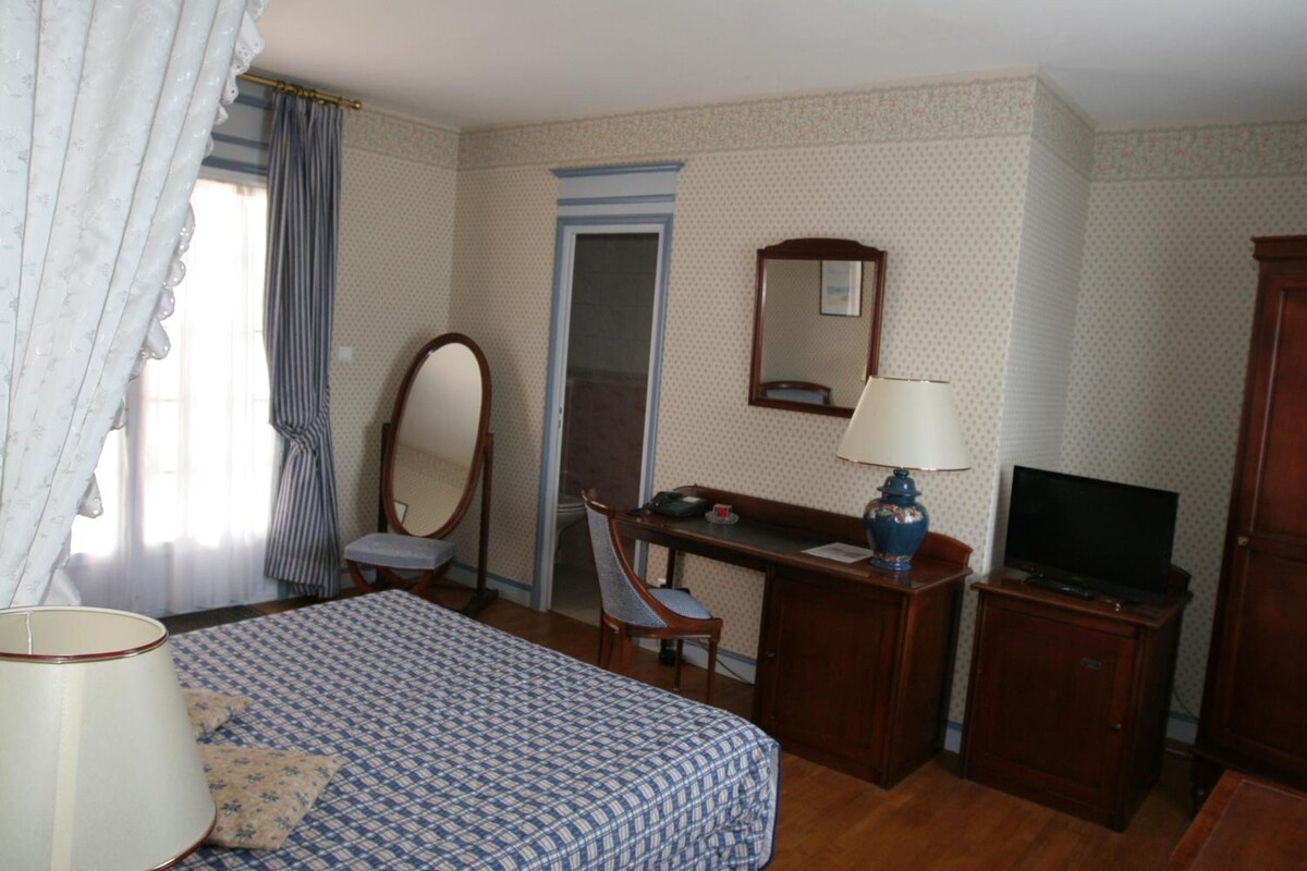 A hotel room with a bed, a desk, a chair, a mirror, a television, and a wardrobe.