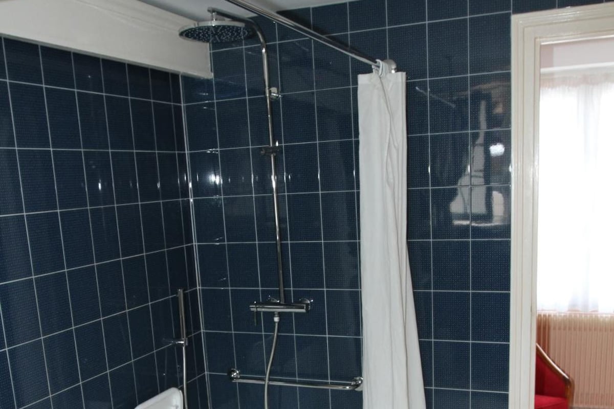 A shower area with a white curtain, a handheld showerhead, and a white towel rack.