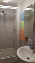 A bathroom with a glass-enclosed shower, a white sink, and a mirror.