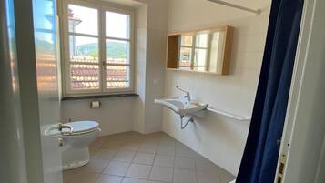Un bagno con il water, un lavabo e una zona doccia.
