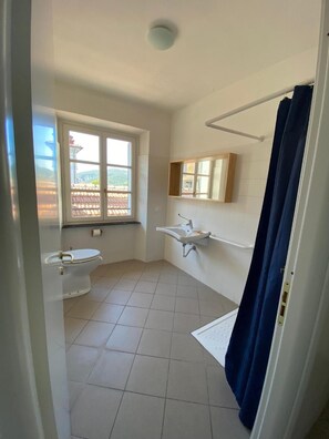 A bathroom with a toilet, sink, and shower area. - Ostello Voltaggio (Voltaggio)