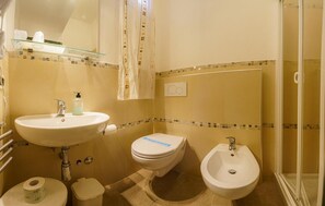 A bathroom with a sink, toilet, bidet, and a glass shower enclosure.