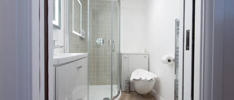 A modern bathroom with a glass-enclosed shower, a toilet, and a sink.