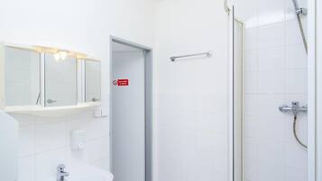 Un baño moderno con ducha, lavamanos y espejo.