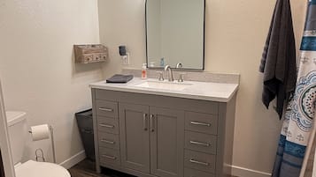 A bathroom with a white toilet, a vanity with a mirror, and a shower curtain.
