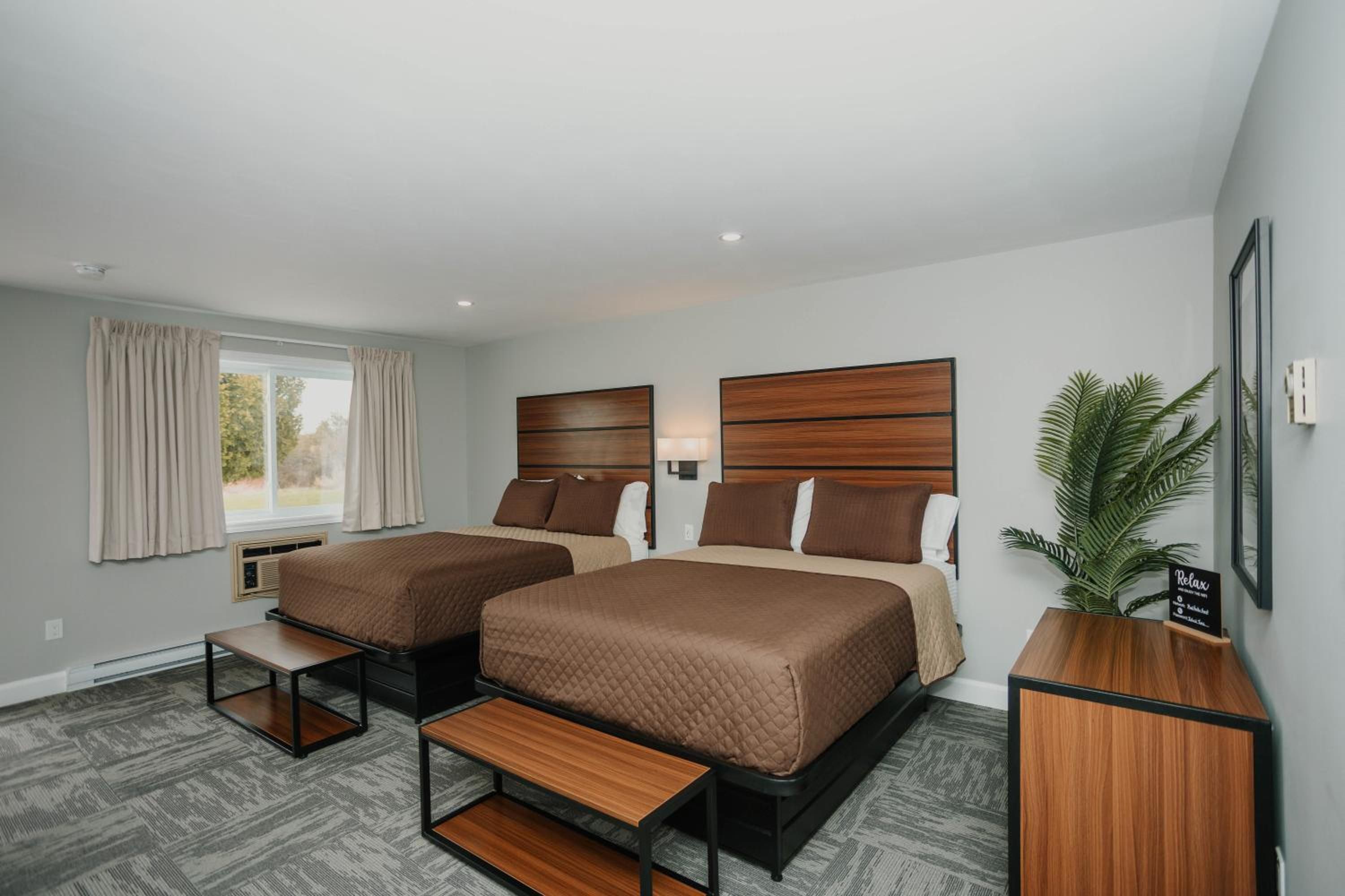 A hotel room with two beds, a small table, a potted plant, and a window with curtains.