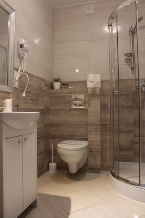 A modern bathroom with a glass-enclosed shower, a white toilet, and a hairdryer mounted on the wall.