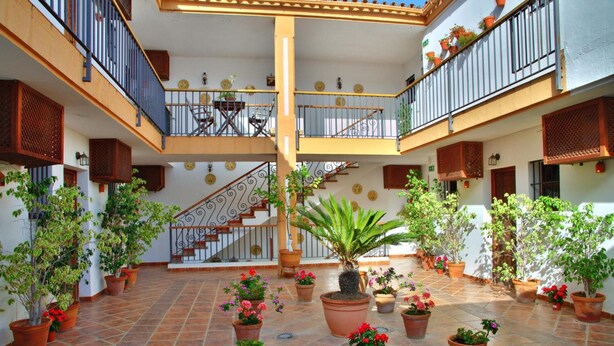 A spacious courtyard with a central staircase, surrounded by potted plants and a tiled floor.