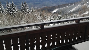 Ein Balkon mit Blick auf verschneite Bäume und ferne Berge.
