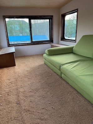 Une pièce avec un canapé vert, une table en bois et deux fenêtres donnant sur des arbres et une structure bleue à l’extérieur.