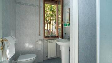 Un bagno con il water, un lavandino e una doccia.