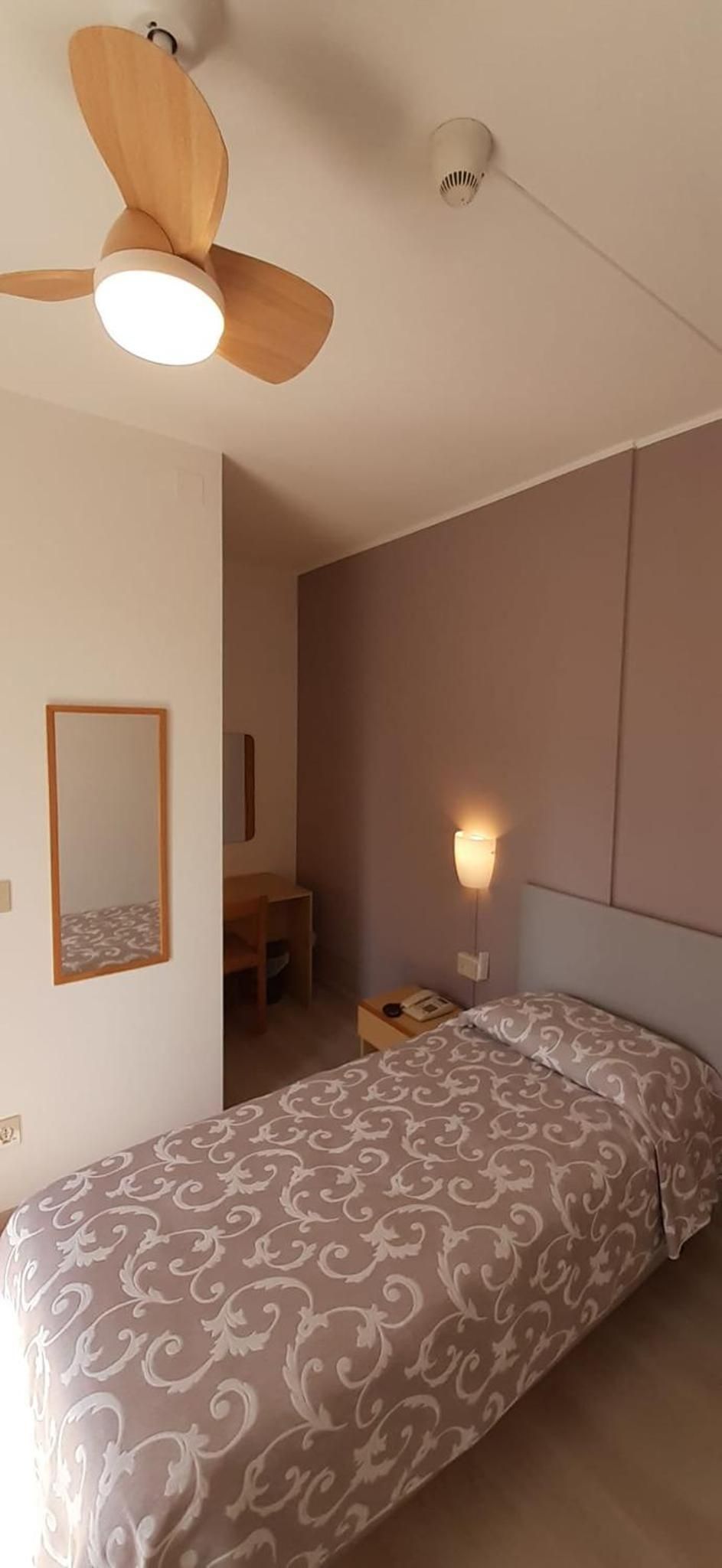 A bedroom with a bed, a ceiling fan, a wall-mounted light, and a mirror.