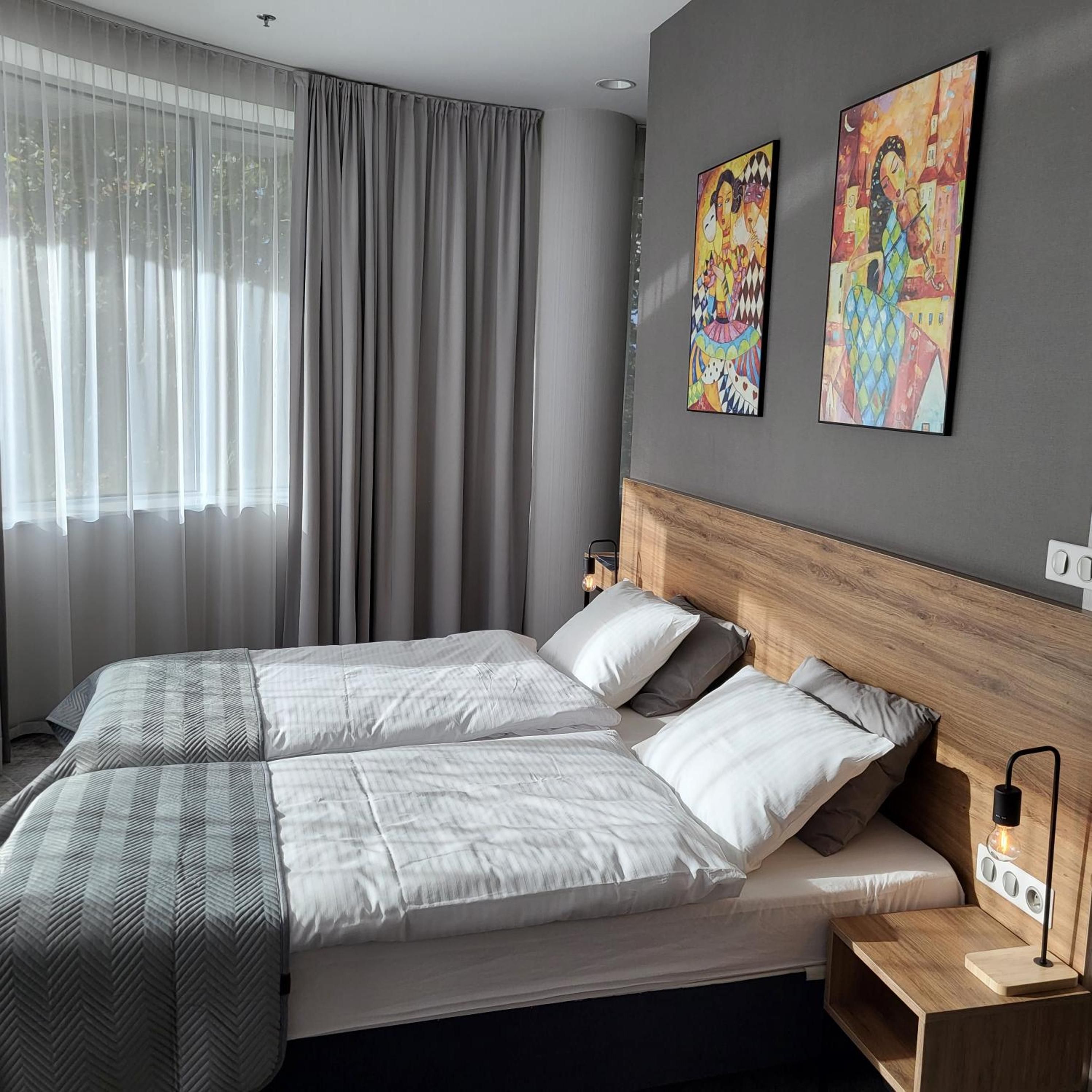 Een moderne slaapkamer met een groot bed, twee schilderijen, een nachtkastje met een lamp en dunne gordijnen.