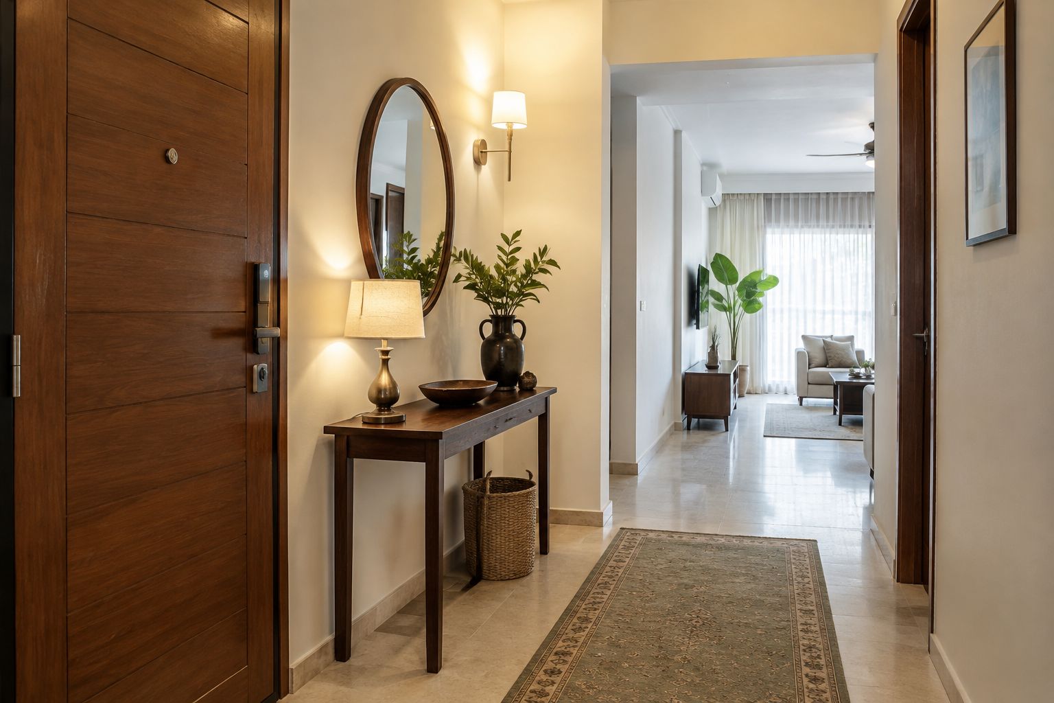 Un pasillo con una puerta de madera, una consola con una lámpara, un espejo y una planta en maceta.