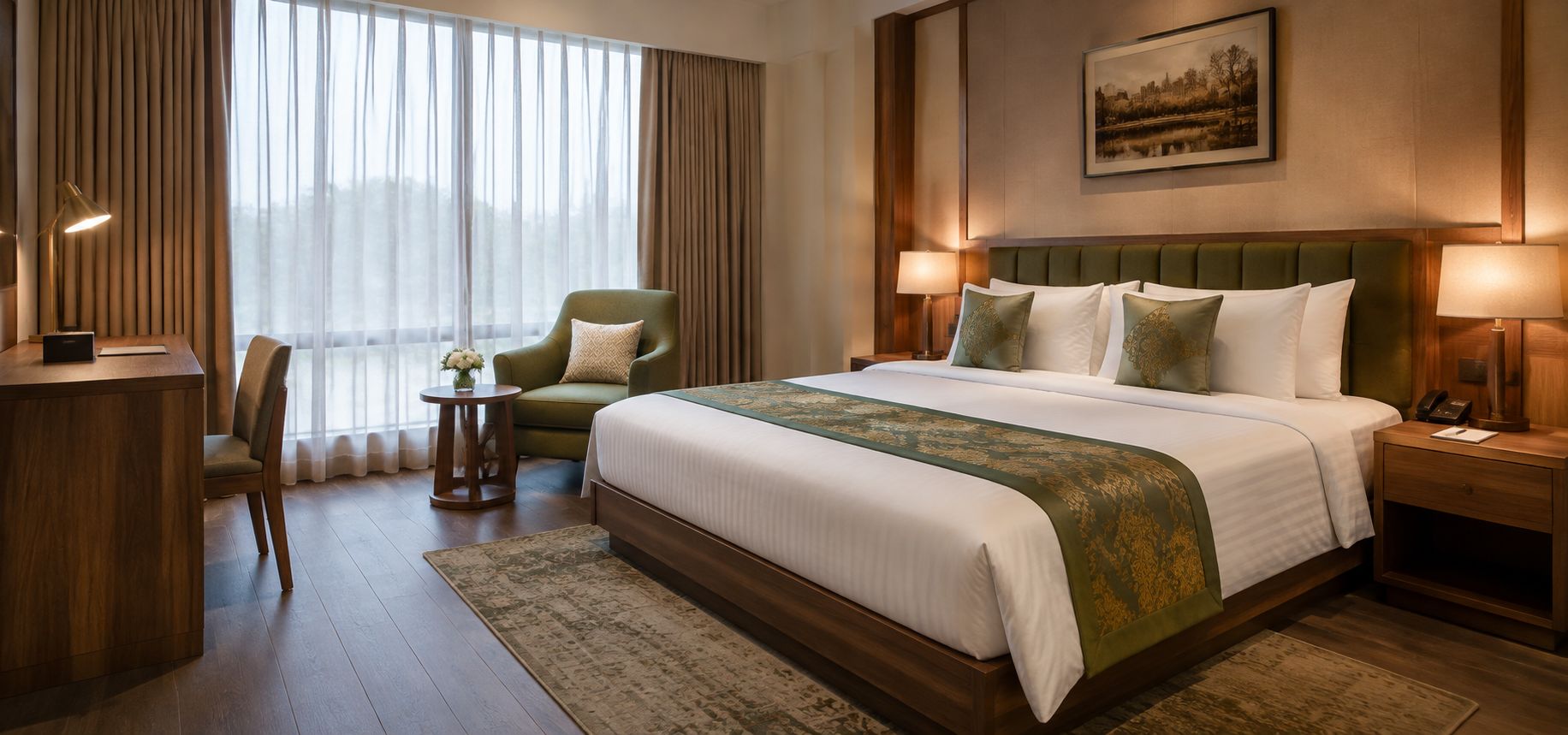 Quarto de hotel com uma cama grande, uma escrivaninha, uma cadeira e vista para o exterior pela janela.