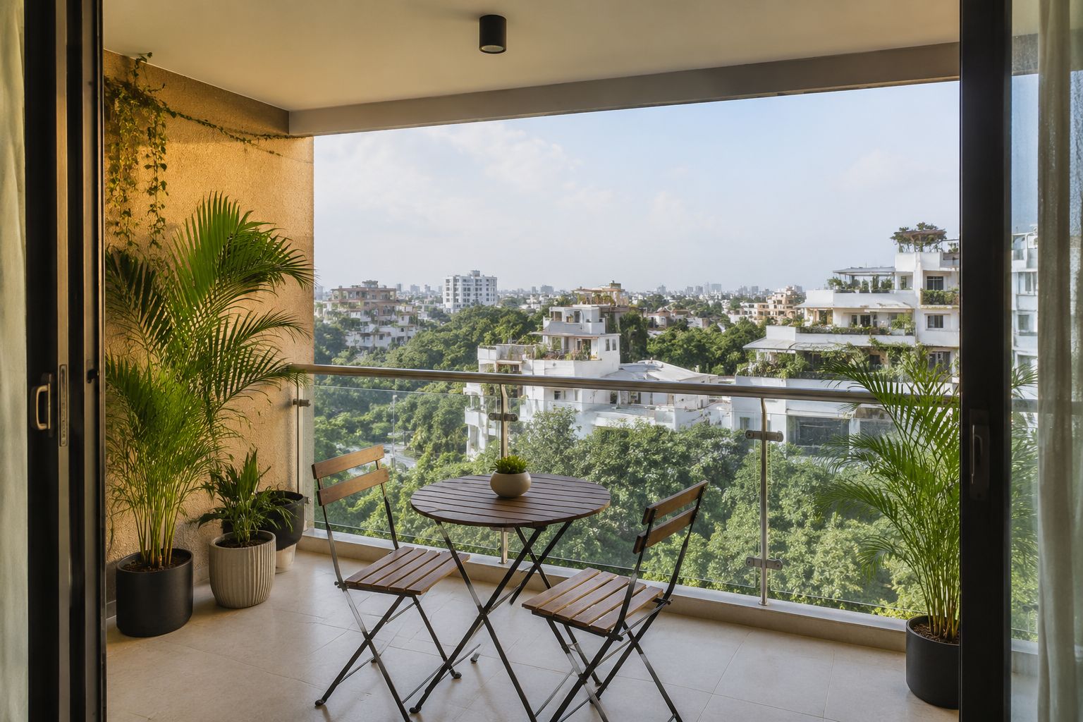 A balcony with a table and chairs, potted plants, and a view of a cityscape.