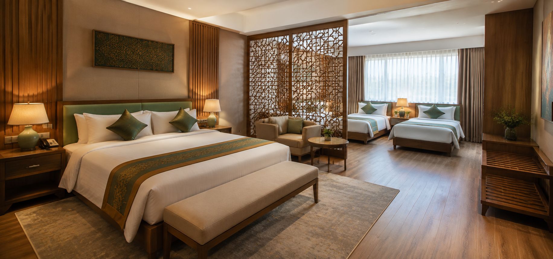 A hotel room with a large bed, two smaller beds, a sofa, a desk, and a decorative partition.